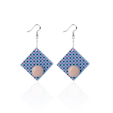 Load image into Gallery viewer, NINI WEAR blue square with pink dots handcrafted earrings on white background
