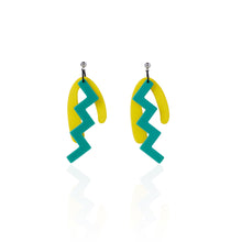 Load image into Gallery viewer, green and yellow irregular shape earrings on white background
