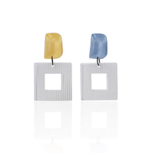 Load image into Gallery viewer, blue and yellow handcrafted earrings on white background

