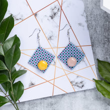 Load image into Gallery viewer, yellow and pink dots with blue square shape handcrafted earrings on marble background
